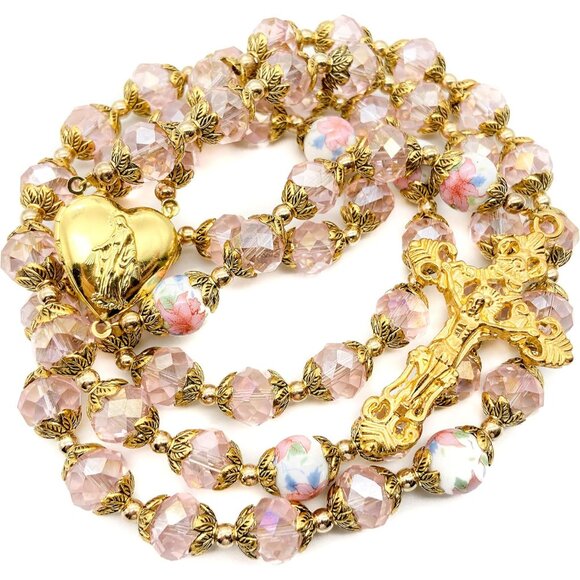 Catholic Pink Crystal Beads Gold Rosary Necklace with Heart Locket & Cross - Picture 4 of 7